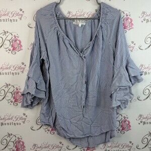 Cleo long sleeve top ruffles frilly tie up Blue Striped Ruffle Sleeve Top